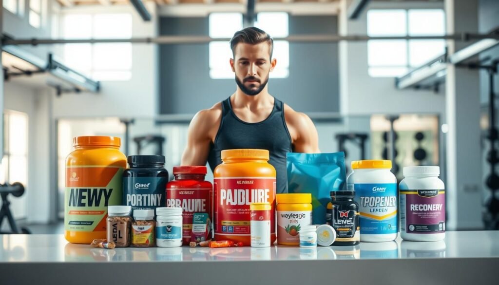 A well-lit, high-resolution image in 16:9 format (1344x768) showcasing a confident individual examining a selection of non-caffeinated supplements against a backdrop of a clean, minimalist gym environment. The foreground features an array of brightly colored protein powders, pre-workouts, and recovery aids neatly arranged on a sleek, modern counter. The middle ground depicts the individual, wearing a supportive, athletic outfit, carefully evaluating the supplements with a thoughtful expression. The background subtly emphasizes the gym's serene atmosphere, with natural lighting streaming in through large windows and a sense of cleanliness and organization pervading the space. The overall mood is one of focused determination, highlighting the benefits of non-caffeinated supplements for a strong, energetic workout.