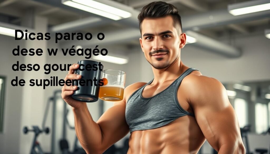 A well-lit, high-resolution image in a 16:9 format (1344x768) showing a confident person standing in a modern, brightly-lit gym, holding a glass of a pre-workout supplement. The person is wearing workout attire and has a focused expression, reflecting the importance of proper dosage when using pre-workout supplements. The background features a clean, minimalist gym setting with exercise equipment visible, conveying a sense of health, fitness, and safety. The image should clearly illustrate the "Dicas para o uso seguro de suplementos" section of the article, without any distracting text or overlays.