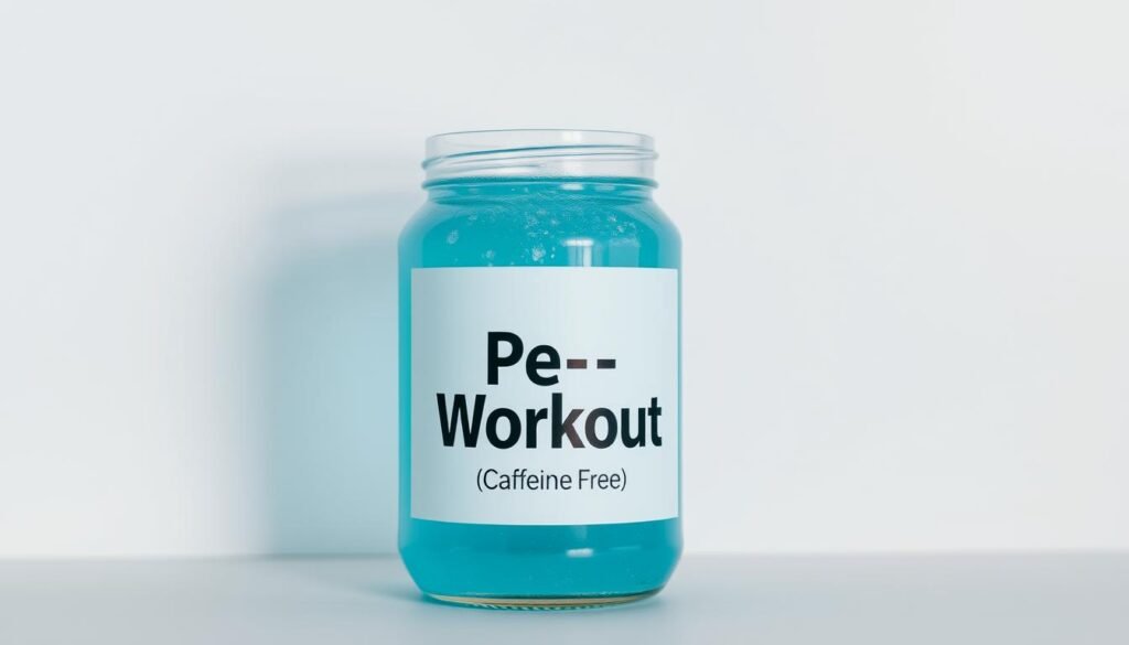 A well-lit, high-resolution image of a glass jar filled with a clear, vibrant liquid, set against a neutral background. The jar's label prominently displays the words "Pre-Workout (Caffeine-Free)" in a modern, minimalist typeface. The liquid within the jar appears to be a light blue or aqua color, with a subtle shimmer or effervescence. The overall composition is clean, balanced, and evocative of health, energy, and focus - reflecting the concept of a "caffeine-free pre-workout" supplement. The scene is captured from a slightly elevated angle, with soft, directional lighting illuminating the contents of the jar and creating defined shadows to add depth and dimension to the image.
