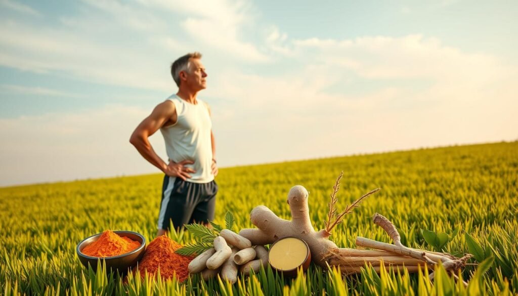 A well-lit, high-resolution image of a middle-aged athlete standing on a lush, verdant field, gazing confidently into the distance. In the foreground, an assortment of natural supplements and herbs such as turmeric, ginger, ashwagandha, and ginseng are artfully arranged, suggesting their role in enhancing the athlete's performance. The background features a clear sky with soft, wispy clouds, conveying a sense of tranquility and focus. The lighting is warm and natural, accentuating the vibrant colors of the scene. The overall composition and mood evoke a sense of well-being, vitality, and the power of using natural compounds to optimize athletic potential.