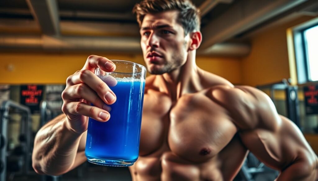 A well-lit, high-resolution image of a muscular person confidently consuming a pre-workout supplement in a gym setting. The foreground shows the person's hand holding a glass filled with a vibrant blue or red liquid, the middle ground features the person's torso and face as they take a sip, and the background showcases a modern, well-equipped gym with workout equipment and motivational posters on the walls. The lighting is warm and directional, casting shadows that accentuate the person's defined physique. The overall mood is one of focus, energy, and determination, reflecting the purpose of the pre-workout supplement.