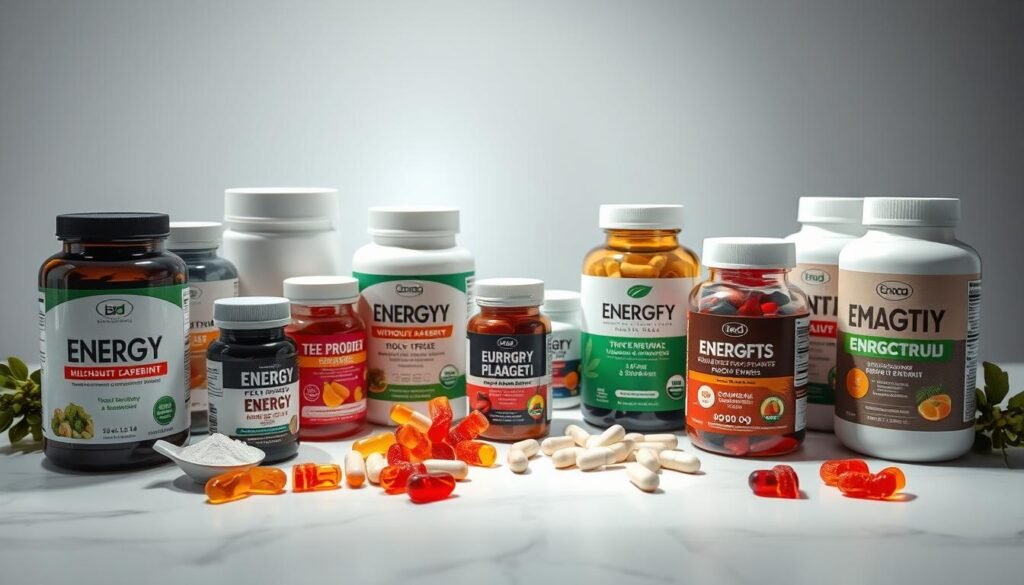 A well-lit, high-resolution image of a variety of high-quality, all-natural energy supplements without caffeine, including powders, capsules, and gummies, artfully arranged on a clean, minimalist table surface. The supplements are presented in an appealing, premium manner, conveying a sense of health, vitality, and a natural approach to boosting energy levels. The lighting is soft and diffused, creating a calming, inviting atmosphere. The 16:9 aspect ratio and 1344x768 resolution provide an optimal thumbnail for the article.