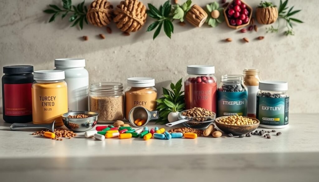 A well-lit, high-resolution image of a variety of popular pre-workout supplement ingredients arranged artfully on a clean, neutral-colored surface. The foreground features a selection of powder-filled jars, capsules, and tablets in vibrant colors, accompanied by a scoop, measuring spoon, and other fitness-related items. The middle ground showcases a backdrop of complementary health foods such as nuts, seeds, and berries. Soft, diffused lighting creates a natural, inviting atmosphere, highlighting the quality and purity of the ingredients. The overall composition conveys a sense of balance, health, and an active lifestyle, reflecting the article's focus on the best caffeine-free pre-workout supplements for beginners.