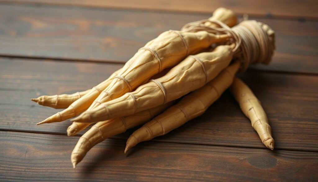 A well-lit, high-resolution photograph of a bundle of organic Peruvian maca roots (Lepidium meyenii) placed on a dark, wooden surface. The maca roots are freshly harvested, displaying their distinct, elongated shapes and light brown hues. The scene is captured from a slightly high angle, providing a clear and detailed view of the roots. The background is softly blurred, allowing the maca roots to be the focal point of the image. The lighting is natural, creating warm, diffused shadows that enhance the texture and details of the maca. The overall mood is one of authenticity, highlighting the natural qualities of this Peruvian superfood.