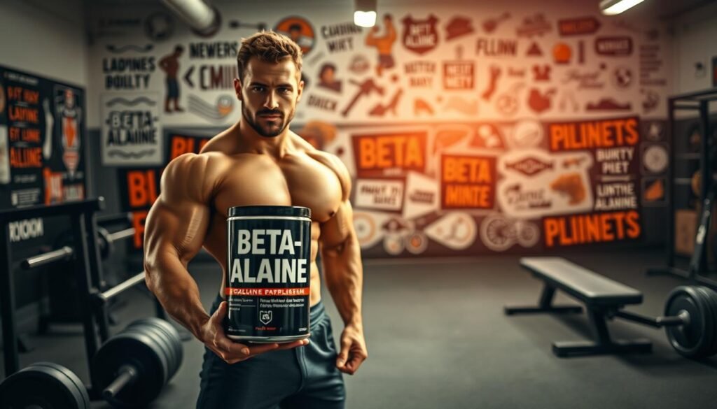 A well-lit indoor setting, showcasing a muscular athlete standing confidently, holding a supplement bottle labeled "beta-alanine" in the foreground. In the middle ground, sports equipment like a barbell, weight plates, and a workout bench create a gym-like atmosphere. The background features an array of motivational graphics and illustrations related to athletic performance. Warm, vibrant lighting accentuates the athlete's physique and the supplement bottle, conveying a sense of power and focus. The overall scene projects a message of how beta-alanine can enhance an athlete's training and boost their physical capabilities.