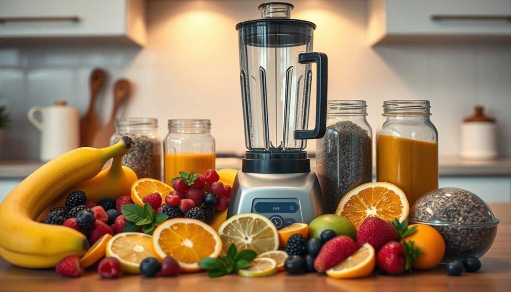 A well-lit kitchen counter showcases an array of natural ingredients for a homemade pre-workout beverage. In the foreground, fresh fruits like bananas, berries, and citrus slices are arranged artfully. Behind them, glass jars contain powdered superfoods like matcha, turmeric, and chia seeds. In the middle ground, a blender stands ready to mix the concoction, its sleek design complementing the modern, minimalist style of the scene. The lighting is warm and inviting, casting a soft glow over the ingredients and creating a sense of natural, healthy vibrancy. The overall mood is one of confidence, vitality, and the empowerment of women taking control of their fitness journey through wholesome, homemade solutions.