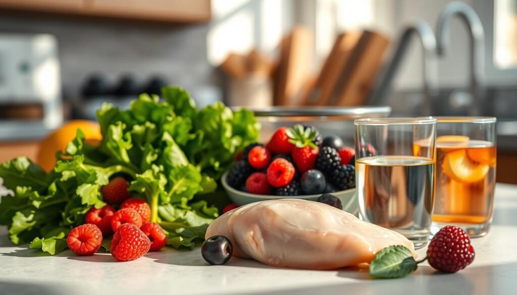 A well-lit kitchen counter showcases an assortment of nutritious ingredients: fresh leafy greens, vibrant berries, a protein-rich chicken breast, and a glass of refreshing water. The arrangement is purposeful, evoking a sense of focus and determination. Soft, natural lighting illuminates the scene, creating a calming, inviting atmosphere. The camera captures the ingredients from a slightly elevated angle, emphasizing their prominence and the care taken in their selection. This image conveys the idea of a carefully curated combination of nourishing elements to fuel a dedicated training regimen.