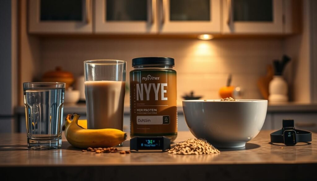 A well-lit kitchen counter with various functional ingredients arranged in an organized fashion, including a glass of water, a banana, a protein shake, a bowl of oats, and a fitness tracker. The ingredients are positioned to create a sense of balance and harmony, reflecting the principles of a functional night-time training recipe. The lighting is warm and inviting, creating a cozy atmosphere. The camera angle is slightly elevated, allowing the viewer to see the full arrangement of the components.