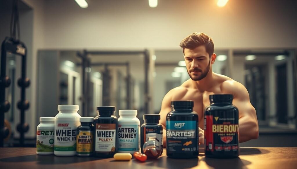 A well-lit, mid-angle view of a gym or fitness center, featuring a confident, fit individual in the foreground, reviewing various pre-workout supplement options on a table. The scene is bathed in a warm, inviting lighting, with a focus on the products and the person's expression, which conveys a sense of careful consideration and control. The background is a clean, minimalist space, allowing the main elements to take center stage. The overall atmosphere is one of thoughtfulness and balance, reflecting the article's theme of finding pre-workout supplements that provide energy without causing anxiety or tachycardia.