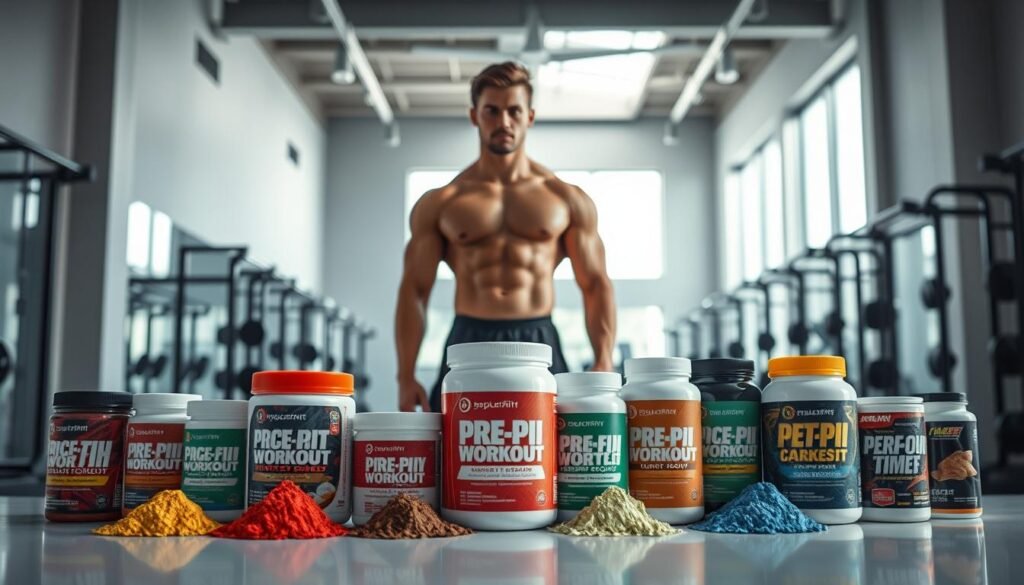 A well-lit, minimalist scene showcasing a variety of pre-workout supplements. The foreground features an array of colorful powder-filled tubs and bottles, their labels prominently displayed. In the middle ground, a muscular, athletic person stands confidently, their gaze fixed forward, ready to embark on an intense workout session. The background is a clean, modern gym interior, with high ceilings, sleek equipment, and natural lighting streaming in from large windows. The overall atmosphere conveys a sense of purpose, energy, and the importance of optimal pre-workout nutrition to power through a challenging training routine.