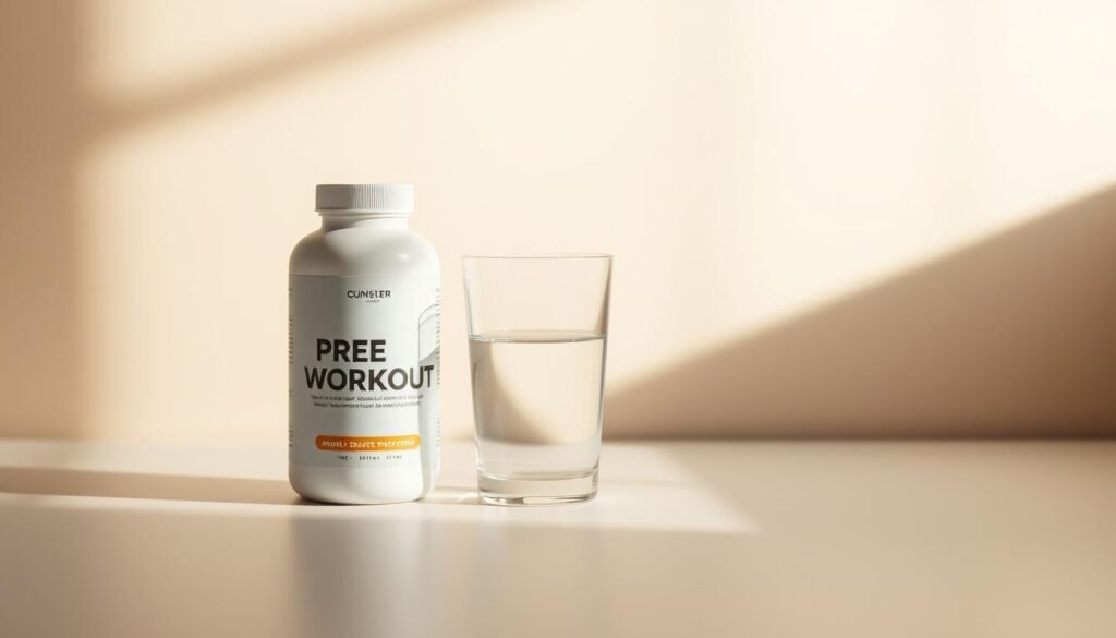 A well-lit, minimalist still life scene of a pre-workout supplement bottle and a glass of water, set against a neutral background. The bottle should have a clean, modern design with minimal branding, conveying a sense of purity and efficacy. Soft, warm lighting from the side creates dimensional shadows, highlighting the product's form. The overall mood is serene and confident, suggesting a pre-workout that won't disrupt the user's sleep. The scene should be captured at a slight angle, creating a sense of dynamism and emphasizing the product's key features.