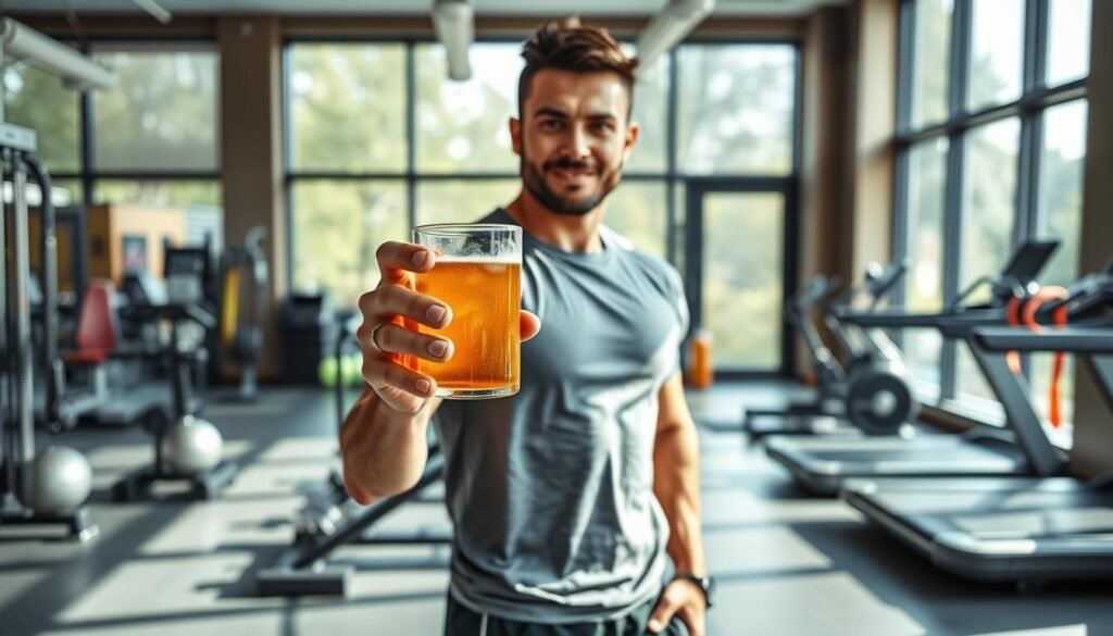 A well-lit, modern gym setting with a vibrant, energetic atmosphere. In the foreground, a confident individual stands poised, holding a glass of a clear, amber-colored beverage, representing a pre-workout supplement without caffeine. The middle ground features a selection of fitness equipment, including free weights, resistance bands, and a sleek treadmill. The background showcases large windows, allowing natural light to flood the space, creating a sense of openness and wellness. The overall scene conveys a balanced, focused approach to pre-workout preparation, emphasizing the benefits of a stimulant-free supplement for a productive and rejuvenating evening training session.