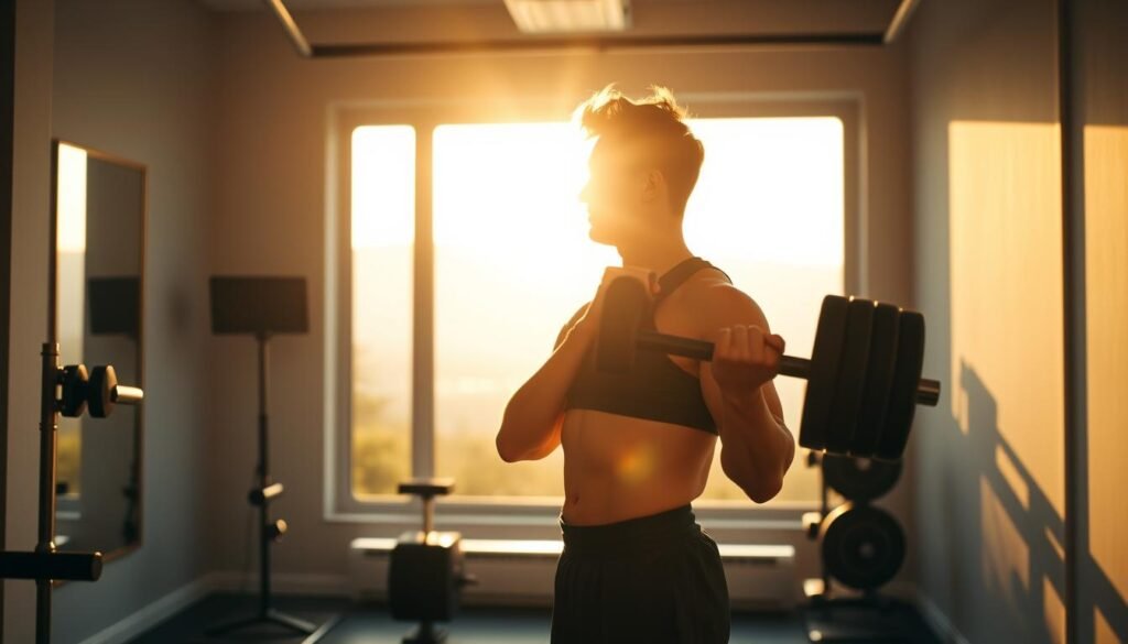 A well-lit, modern home gym bathed in warm, golden light. A focused individual in athletic wear performs a weightlifting exercise, their confident expression reflecting the optimal training time. The background showcases a large window overlooking a tranquil, natural landscape, hinting at the balance between physical activity and restful recovery. Muted colors and clean lines create a serene, minimalist atmosphere, inspiring productivity and mindfulness. A 16:9 frame captures the harmonious scene, inviting the viewer to consider the best time to train without disrupting healthy sleep patterns.