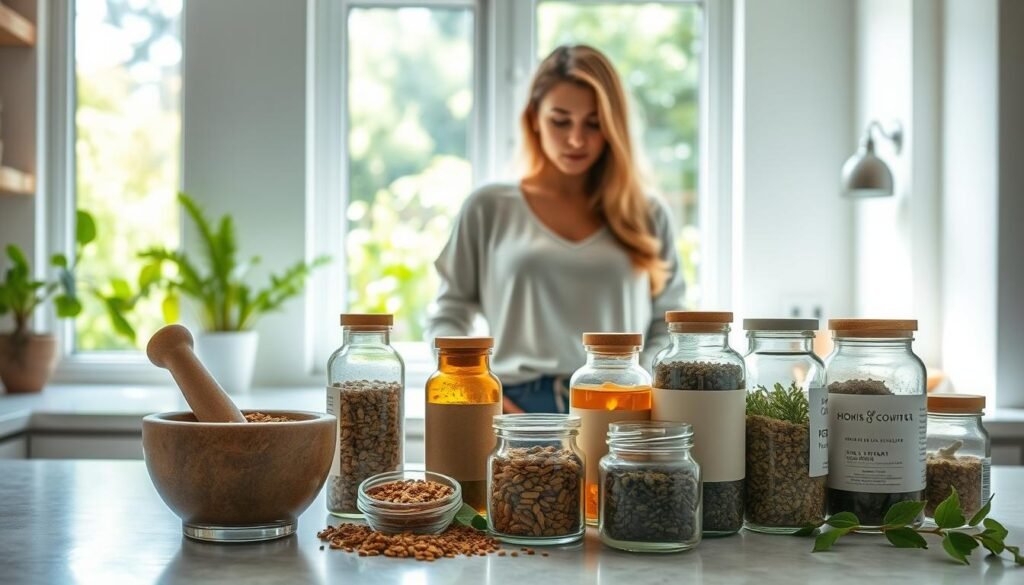 A well-lit, modern kitchen counter displaying an assortment of natural herbal supplements in glass bottles and jars. The foreground features a mortar and pestle with crushed dried herbs, symbolizing the holistic approach to women's health. In the middle ground, a woman in a casual outfit stands confidently, her expression serene as she examines the supplements, representing the empowerment that these natural remedies can provide for managing menstrual symptoms. The background showcases a window overlooking a lush, verdant garden, creating a calming, organic atmosphere. Soft, natural lighting illuminates the scene, conveying a sense of balance and wellness.