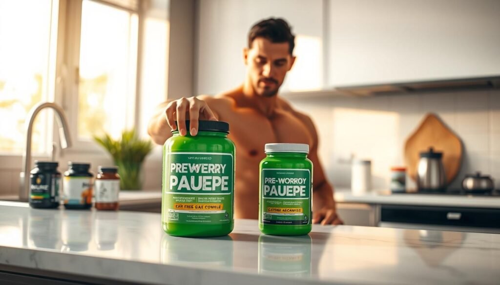 A well-lit, modern kitchen counter with a sleek, minimalist design. On the counter, an assortment of health supplements, including a vibrant green pre-workout powder bottle without a caffeine label. A strong, fit person confidently reaching for the pre-workout, conveying the benefits of a caffeinated-free supplement that won't affect their mood or energy levels. Warm, natural lighting casts a soft glow, creating a calming, balanced atmosphere. The scene highlights the thoughtful selection of a stimulant-free pre-workout to support an active, health-conscious lifestyle.