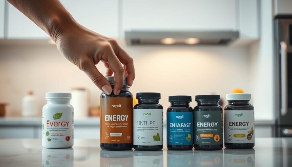 A well-lit, modern kitchen countertop, showcasing an assortment of natural, plant-based energy supplements in sleek, minimalist packaging. A person's hand reaches for one of the bottles, conveying a sense of thoughtful consideration. Soft, diffused lighting illuminates the scene, creating a warm, inviting atmosphere. The background is blurred, focusing the viewer's attention on the selection of supplements. The composition emphasizes the quality and purity of the products, suggesting a conscious and informed choice for a sustainable energy boost without the jitters of caffeine.