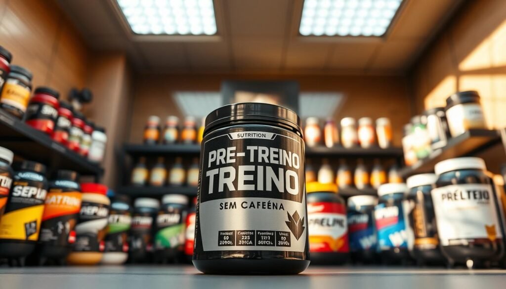 A well-lit, modern sports nutrition supplement display showcases an array of various pre-workout powders. In the center, a canister of "Pré-Treino Sem Cafeína" stands out, its sleek black and grey design catching the eye. The image is captured from a low angle, emphasizing the sense of confidence and power conveyed by the product. The background is softly blurred, allowing the supplement to take center stage. Warm, natural lighting casts subtle shadows, creating depth and dimension. The overall scene exudes a professional, high-quality aesthetic suitable for a health and fitness publication.