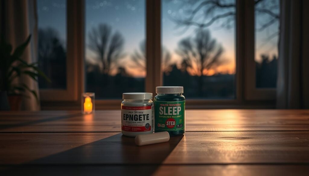 A well-lit scene depicting a stack of pre-workout supplements on a wood surface, accompanied by a peaceful nighttime landscape through a window. The focus is on the supplements, with a sense of calm and tranquility pervading the atmosphere. Soft, warm lighting illuminates the products, highlighting their vibrant colors and textures. The background showcases a serene outdoor setting, with a starry sky and silhouetted trees, conveying the idea of restful sleep. The overall composition and lighting work together to create a balanced and visually appealing image that reflects the relationship between pre-workout supplements and sleep quality.