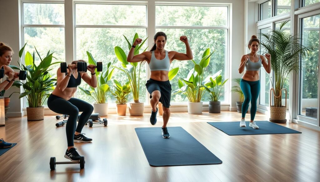 A well-lit, spacious home gym with hardwood floors and large windows that let in natural light. In the foreground, a fit, energetic individual performs a variety of exercises, such as squats, lunges, and jumping jacks, with perfect form and a determined expression. The middle ground showcases various workout equipment, including dumbbells, resistance bands, and a yoga mat, all neatly arranged. The background features lush, verdant plants and a peaceful, serene atmosphere, creating a calming and rejuvenating environment. The overall scene conveys a sense of vitality, strength, and the importance of physical activity for maintaining energy and well-being.