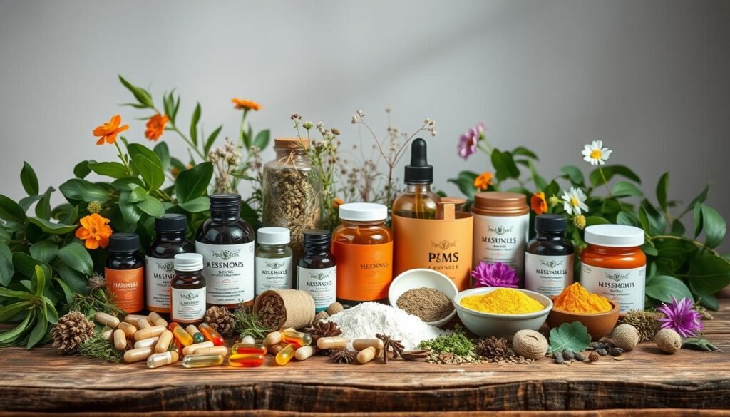 A well-lit still life arrangement featuring a variety of natural herbal supplements and remedies for PMS and anxiety relief. The foreground showcases an array of colorful plant-based capsules, tinctures, and powders arranged artfully on a rustic wooden surface. The middle ground features lush greenery, dried herbs, and delicate floral accents that evoke a sense of tranquility and wellness. The background has soft, diffused lighting creating a calming, natural atmosphere, highlighting the purity and efficacy of the featured supplements. The overall composition conveys the importance of holistic, plant-based solutions for managing premenstrual symptoms and anxiety.