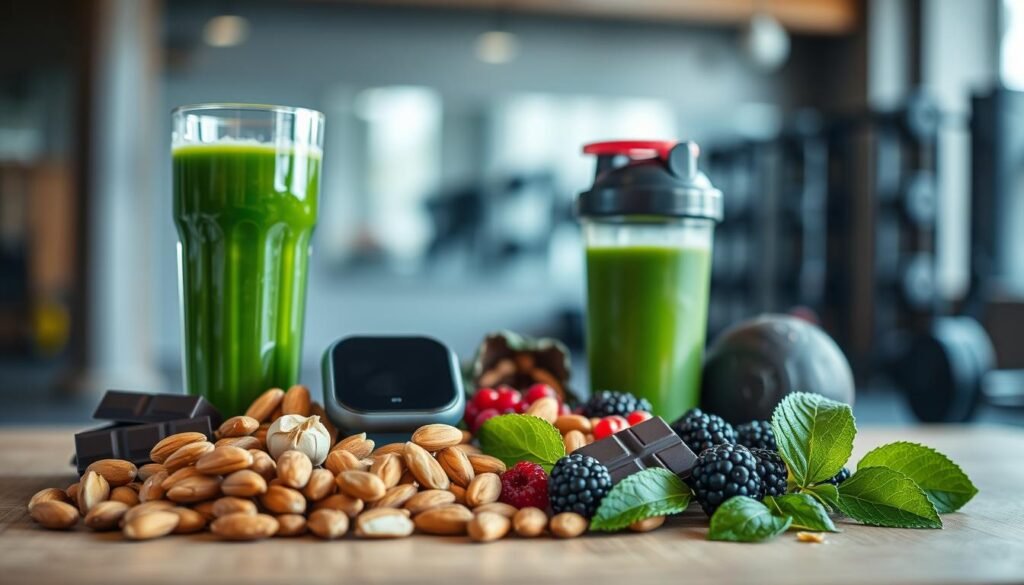 A well-lit still life arrangement of various nutritious and energizing ingredients for enhanced focus and concentration during a workout routine. In the foreground, a selection of superfoods such as almonds, walnuts, dark chocolate, and berries are carefully arranged on a wooden surface, with a glass of fresh green juice nearby. In the middle ground, a fitness tracker and a protein shaker bottle stand ready, symbolizing the synergy between nutrition and physical performance. The background features a subtle blurred gym environment, hinting at the ultimate purpose of these ingredients - to fuel an intense and productive training session. The overall mood is one of determination, balance, and a committed approach to optimizing physical and mental well-being.