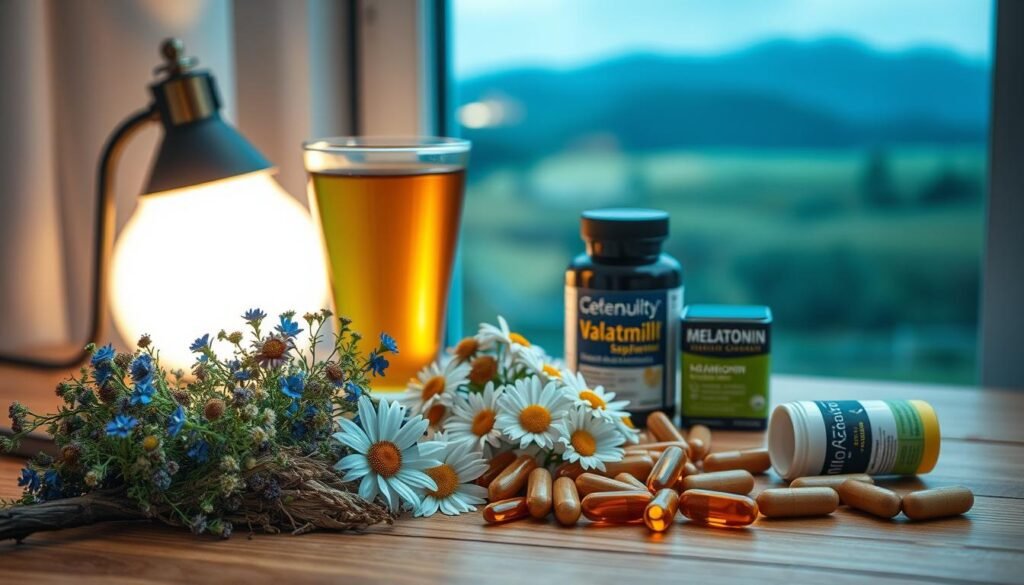A well-lit still life arrangement showcasing a variety of natural sleep-promoting supplements. In the foreground, a cluster of valerian root, chamomile flowers, and melatonin capsules are artfully displayed on a wooden surface. The middle ground features a glass of warm, soothing herbal tea and a tranquil landscape of rolling hills visible through a window. Soft, diffused lighting from a nearby lamp casts a calming glow, evoking a sense of relaxation and nighttime serenity. The overall composition emphasizes the efficacy and purity of these non-stimulant sleep aids, positioning them as superior alternatives to artificial sleep medications.