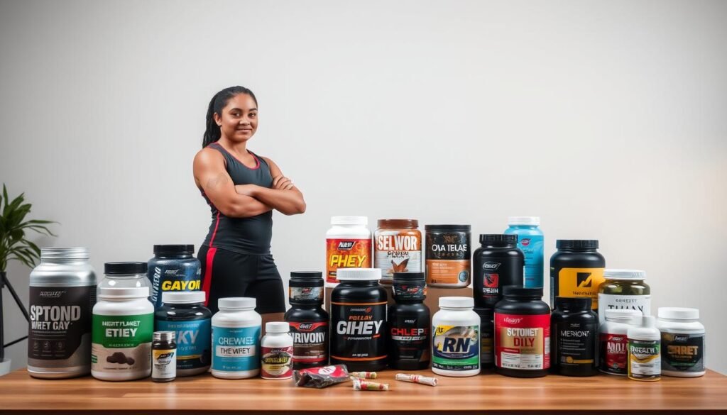 A well-lit studio setting with a table showcasing an assortment of fitness supplements in various containers and packages. In the foreground, a confident-looking person stands next to the table, wearing athletic clothing and a determined expression. The middle ground features the supplements in an organized display, highlighting their different shapes, sizes, and colors. The background is a clean, minimalist space with soft, indirect lighting, creating a sense of focus and professionalism. The scene conveys a harmonious balance between the supplements and the person, suggesting the supplements' role in supporting a focused and energetic fitness regimen.