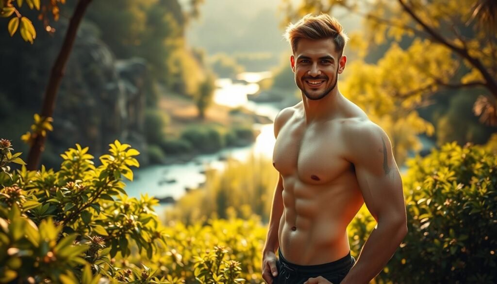 A well-lit, stylized photograph of a fit, confident individual standing amidst a serene, natural setting. The subject's expression exudes a sense of energy and vitality, highlighting the benefits of a pre-workout supplement without caffeine. The foreground features the person in a dynamic pose, with the middle ground showcasing lush, verdant foliage and the background revealing a picturesque landscape with a gently flowing river or stream. Soft, warm lighting casts a golden glow, creating a peaceful, inspiring atmosphere. The overall composition conveys the advantages of a caffeine-free pre-workout, emphasizing natural focus, endurance, and mental clarity.