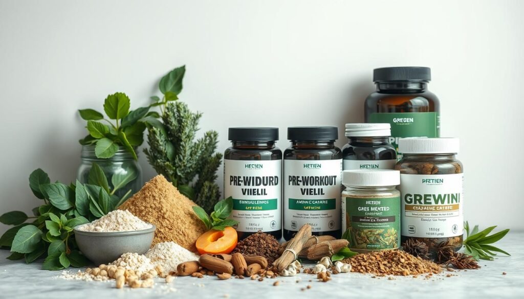 A well-organized array of natural pre-workout supplements without caffeine, including powdered greens, amino acids, and herbal extracts, displayed against a clean, minimalist background. The composition features a central focus on the array of supplements, with a soft, diffused lighting that accentuates the natural hues and textures of the ingredients. The scene conveys a sense of health, vitality, and a natural approach to fueling athletic performance, suitable for a thumbnail image in a 16:9 format.