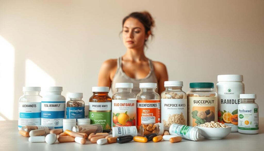 A well-organized selection of healthy supplements for women, neatly arranged on a clean, neutral-toned background. The foreground showcases an assortment of various supplement bottles, capsules, and powders, each with clear, informative labels. The middle ground features a confident, thoughtful woman, dressed in comfortable, neutral-colored activewear, considering the options before her. The background is softly blurred, creating a sense of focus and emphasis on the key elements. The lighting is natural and diffused, casting a warm, inviting glow over the scene. The overall atmosphere conveys a sense of mindfulness, health, and empowerment.