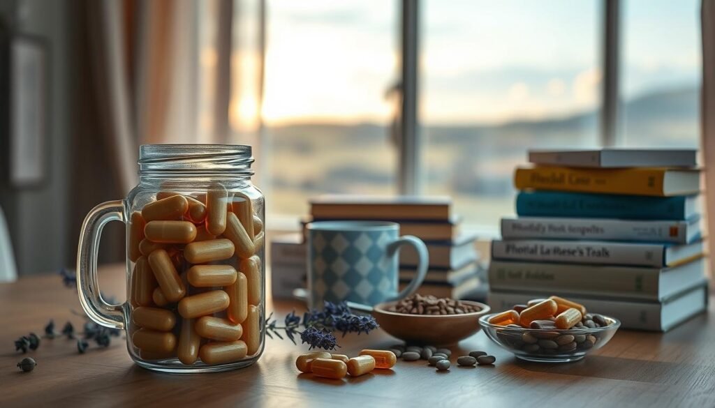 A well-organized still life scene capturing natural supplements for a restful night's sleep. In the foreground, a glass jar filled with Rhodiola rosea capsules, accompanied by a mug of warm tea and a sprig of lavender. The middle ground showcases a stack of books on herbal remedies and a small dish of assorted amino acids. In the background, a tranquil landscape of rolling hills is visible through a window, bathed in the warm glow of soft, natural lighting. The overall atmosphere conveys a sense of calm, balance, and the holistic approach to achieving a peaceful, restorative sleep. Captured in a 16:9 format, this thumbnail image aims to visually represent the benefits of pre-workout supplements for promoting healthy sleep patterns.