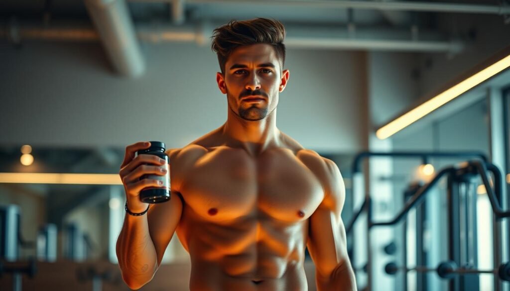 A well-rested individual standing in a dimly lit gym, radiating determination. Warm-toned lighting casts a soft glow, highlighting their athletic physique. They hold a pre-workout supplement in one hand, exuding a sense of focus and energy, ready to tackle an intense evening workout. The background features sleek, modern gym equipment, suggesting a high-performance setting. The overall scene conveys the advantages of a caffeine-free pre-workout, enabling a productive and restful training session, even during the evening hours.