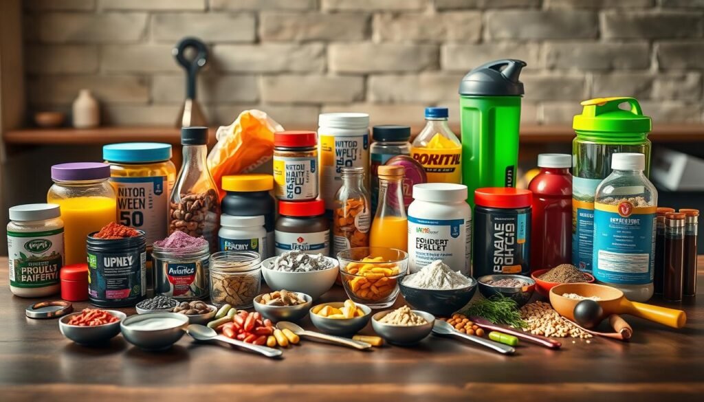 A well-stocked table displaying an array of pre-workout supplement ingredients, artfully arranged in a visually appealing layout. Prominently featured are a variety of powders, capsules, and liquids in vibrant colors, accompanied by measuring spoons, shakers, and other fitness-related accessories. The scene is bathed in warm, natural lighting, creating a sense of energy and vitality. The overall composition conveys a mood of confidence, professionalism, and a commitment to health and fitness. The image showcases the essential components of an effective pre-workout formula without caffeine, suitable for beginners exploring safer alternatives.