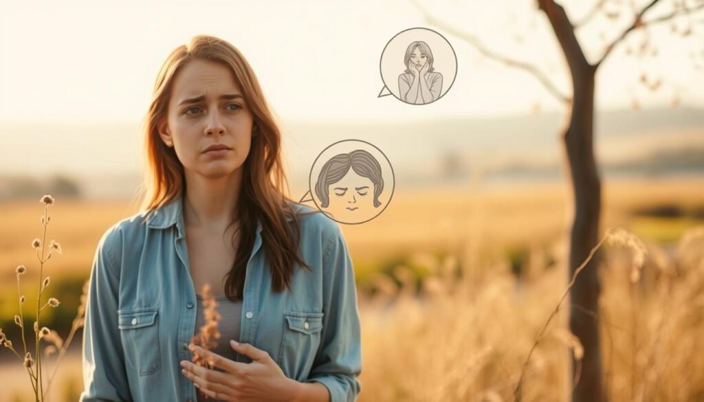 A woman experiencing the various physical and emotional symptoms of premenstrual syndrome (PMS), such as bloating, cramps, irritability, and mood swings. The scene is set in a warm, natural environment with soft lighting, evoking a sense of calm and introspection. The woman is depicted in the foreground, her expression conveying a range of emotions associated with PMS. The middle ground features gentle plant life and subtle details that complement the overall atmosphere. The background hints at a serene, pastoral landscape, creating a balanced and visually appealing composition.