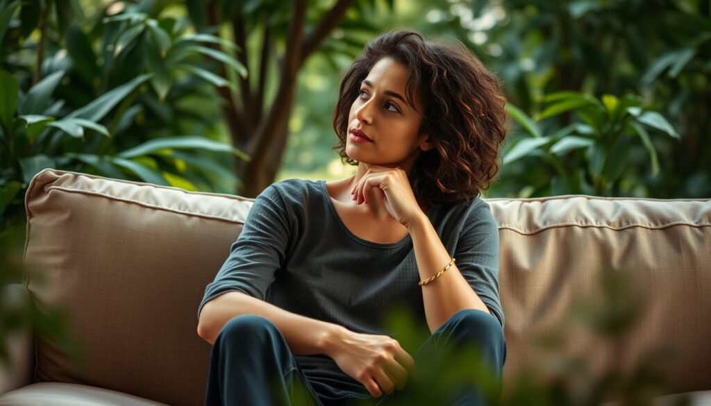A woman sitting comfortably on a couch, her body language conveying a sense of ease and relaxation. She is surrounded by a serene, natural environment with lush greenery and soft, diffused lighting that creates a calming atmosphere. The woman's face is thoughtful, as she contemplates the relationship between premenstrual syndrome (PMS) and fluid retention. The image should have a warm, natural color palette and a slightly dreamlike quality, subtly suggesting the complex physiological and emotional aspects of this common female health issue.