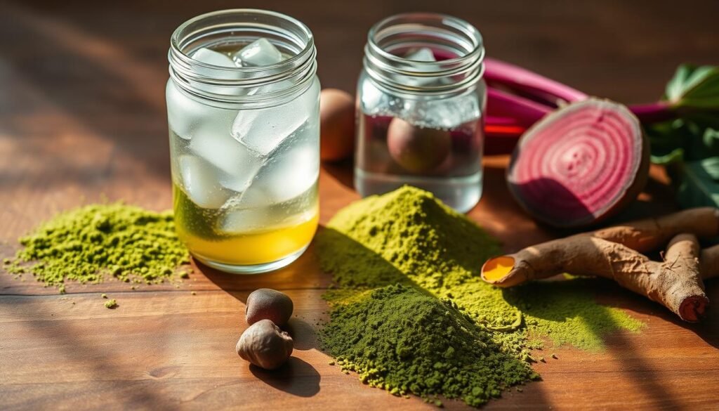 A wooden table is adorned with an array of natural, whole-food ingredients commonly found in pre-workout supplements. Vibrant green matcha powder, crimson-red beets, and earthy turmeric root are arranged in harmonious composition, casting warm shadows under soft, diffused lighting. Nearby, a glass jar filled with clear, effervescent liquid bursts with bubbles, hinting at the refreshing properties of these natural performance boosters. The scene conveys a sense of vitality, purity, and a connection to the earth - the key attributes of an effective, natural pre-workout formula.