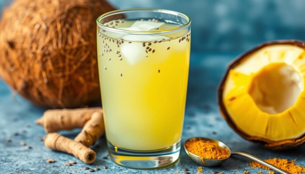 Água de coco com cúrcuma e chia para hidratação e energia Água de coco com cúrcuma e chia para hidratação e energia
