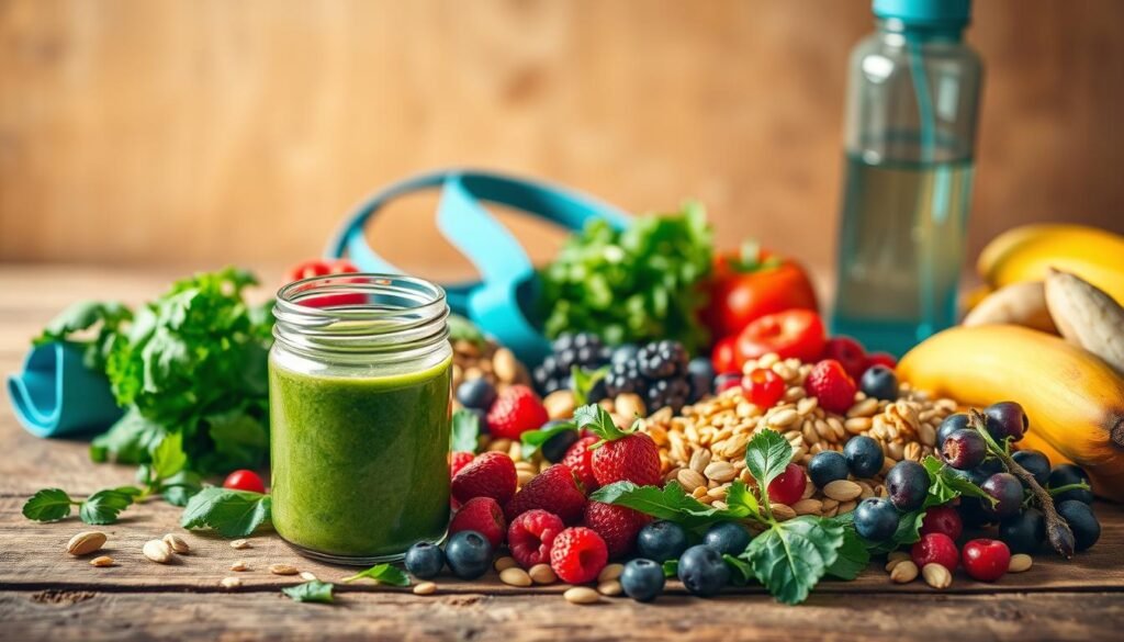 An assortment of vibrant, nutrient-dense superfoods laid out on a rustic wooden surface, bathed in warm, natural lighting. In the foreground, a glass jar filled with a vibrant green smoothie or juice, complemented by a scattering of leafy greens, berries, nuts, and seeds. In the middle ground, sleek fitness equipment, such as resistance bands and a water bottle, symbolizing the connection between proper nutrition and physical performance. The background features a minimalist, earthy-toned backdrop, emphasizing the simplicity and wholesomeness of the scene. The overall mood is one of vitality, focus, and the power of natural, unprocessed ingredients to fuel an active, healthy lifestyle.