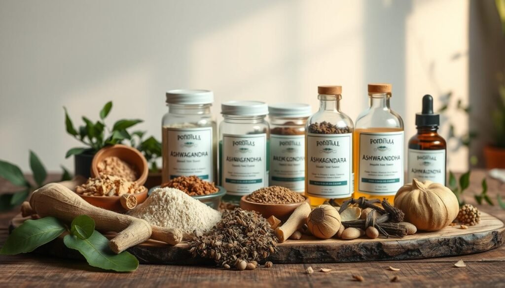 An elegant still life arrangement of the finest organic ingredients for a natural hormonal supplement. In the foreground, a selection of herbs and botanicals such as maca root, ashwagandha, and black cohosh, artfully displayed on a rustic wooden surface. The middle ground features glass jars filled with premium powders and tinctures, their labels showcasing the purity and potency of the contents. Soft, warm lighting from the side casts a gentle glow, highlighting the natural textures and hues of the ingredients. The background suggests a minimalist, nature-inspired setting, with hints of greenery and a sense of balance and tranquility. The overall composition conveys a sense of quality, efficacy, and wholesome nourishment for hormonal health.
