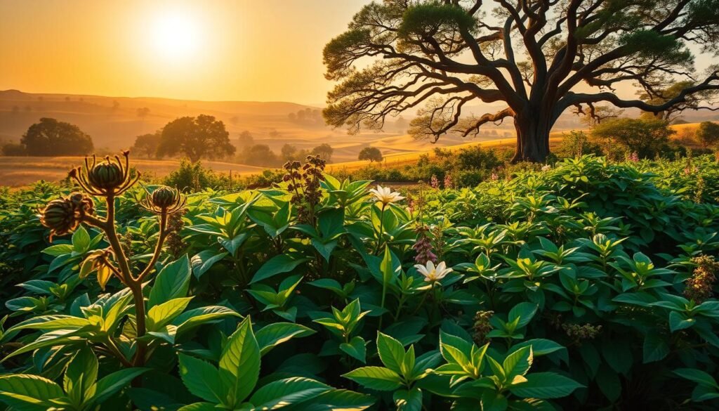 An expansive, lush herb garden under a warm, golden-hour sun, with vibrant, verdant adaptogenic plants taking center stage. The foreground showcases a cluster of gnarled, thick-stemmed ashwagandha, rhodiola, and holy basil leaves rustling in a gentle breeze. The middle ground reveals a carefully curated arrangement of moringa, tulsi, and eleuthero, their delicate flowers and leaves radiating an aura of focus and vitality. The background features a serene, rolling landscape dotted with ancient, towering trees, casting long shadows that imbue the scene with a sense of timelessness and grounding. The overall mood is one of tranquility, resilience, and a steadfast commitment to mental and physical performance.