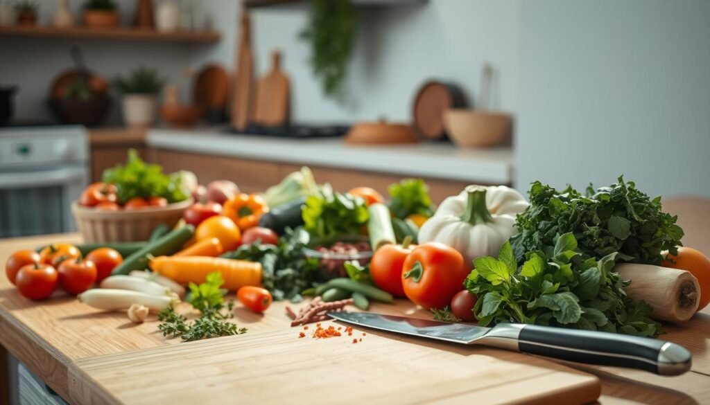 An intimate kitchen scene with an assortment of fresh, vibrant ingredients arranged neatly on a wooden table. Warm, natural lighting casts a cozy glow, highlighting the textures of vegetables, herbs, and spices. In the foreground, a cutting board with a sharp knife suggests an upcoming culinary session. Surrounding the table, minimalist decor and clean lines create a calming, functional atmosphere. The overall composition conveys a sense of efficiency and practicality, hinting at the "Receitas Rápidas e Práticas" theme. A confident, capable cook is poised to transform these raw materials into nutritious, delectable dishes.