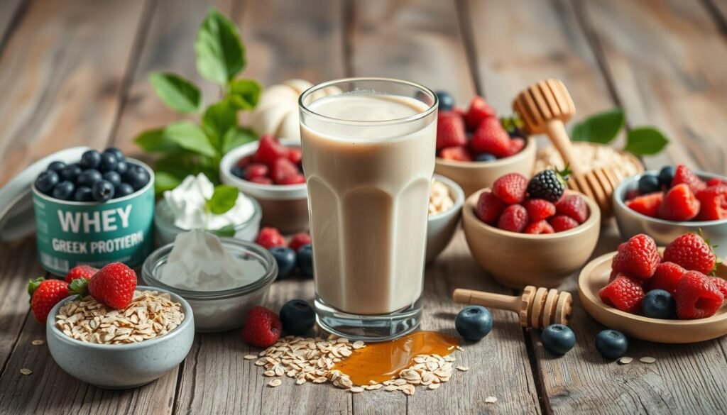 Arrange a vibrant still life on a rustic wooden table, showcasing a variety of high-protein, nutrient-dense ingredients for a pre-workout shake. Place a large glass filled with a creamy, frothy shake at the center, surrounded by scoops of whey protein powder, Greek yogurt, fresh berries, rolled oats, and a drizzle of honey. Illuminate the scene with soft, natural lighting, casting gentle shadows and highlighting the rich colors and textures of the ingredients. Convey a sense of health, vitality, and wholesome indulgence, inviting the viewer to envision crafting their own nourishing pre-workout shake.