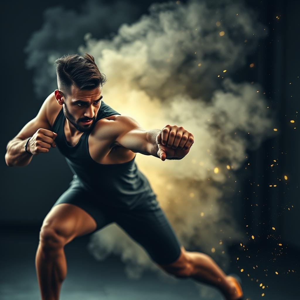 Atleta demonstrando explosão muscular em exercício com creatina monohidratada