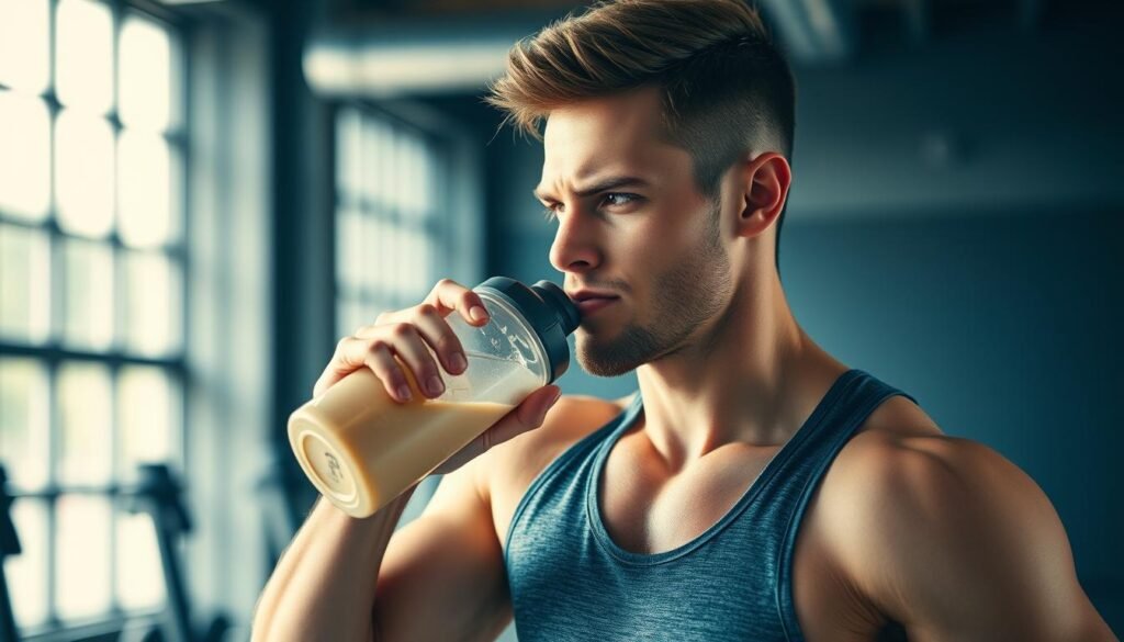 Atleta tomando shake de whey protein após treino intenso para recuperação muscular Atleta tomando shake de whey protein após treino intenso para recuperação muscular