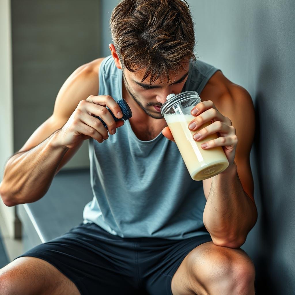 Atleta tomando whey protein após treino intenso para recuperação Atleta tomando whey protein após treino intenso para recuperação