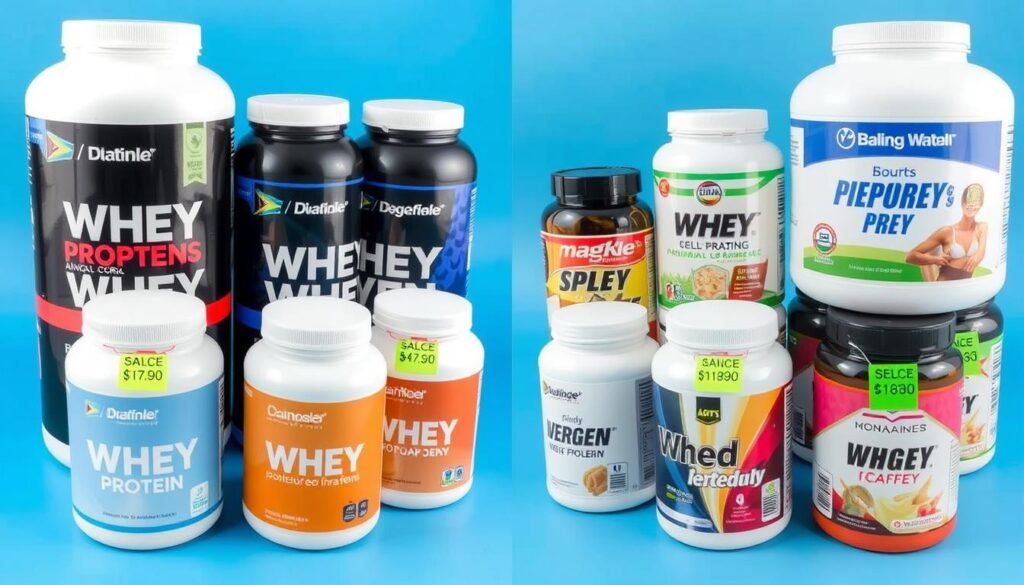 Comparação entre embalagens de whey protein nacional e importado mostrando diferenças Comparação entre embalagens de whey protein nacional e importado mostrando diferenças
