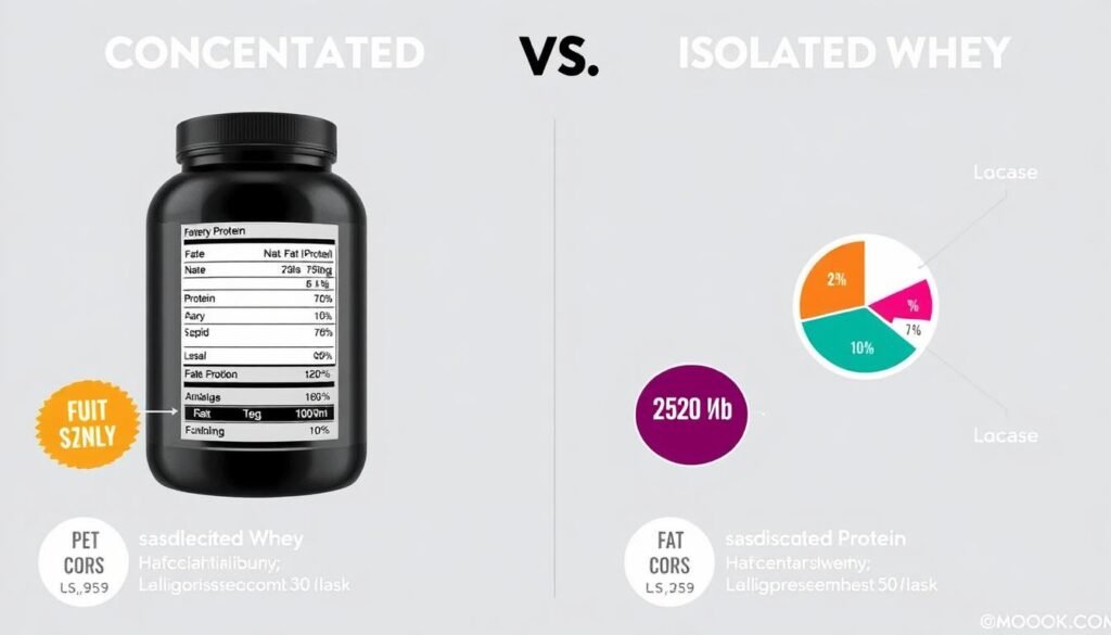 Comparação visual entre whey protein concentrado e isolado mostrando diferenças na composição Comparação visual entre whey protein concentrado e isolado mostrando diferenças na composição