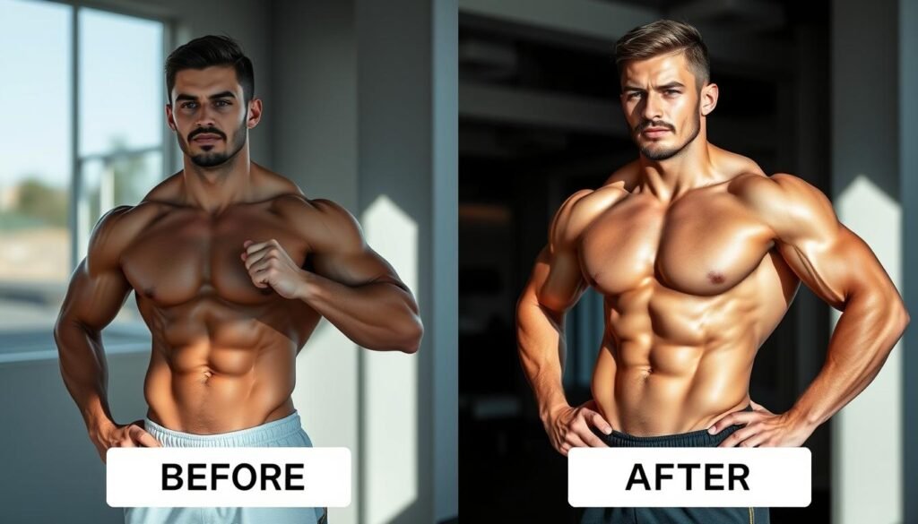 Homem com resultados visíveis após tomar creatina monohidratada para hipertrofia Homem com resultados visíveis após tomar creatina monohidratada para hipertrofia