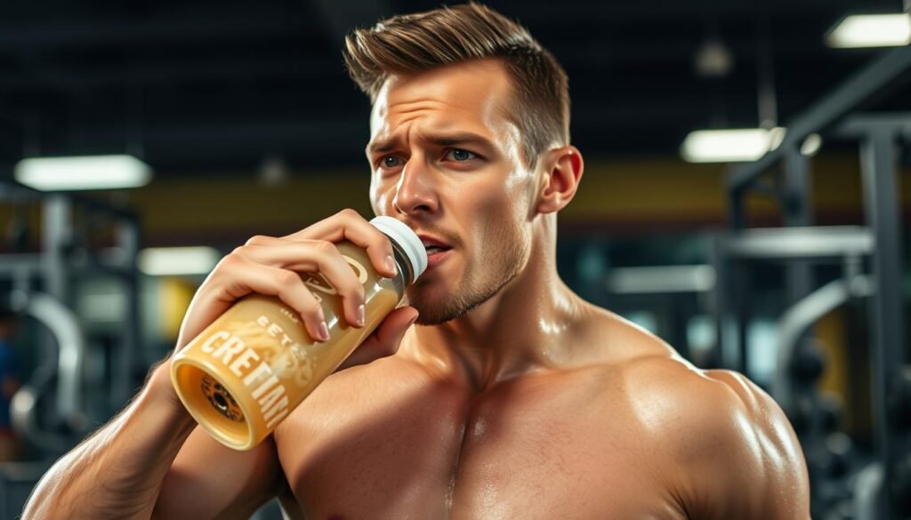 Homem tomando creatina após treino para maximizar hipertrofia Homem tomando creatina após treino para maximizar hipertrofia