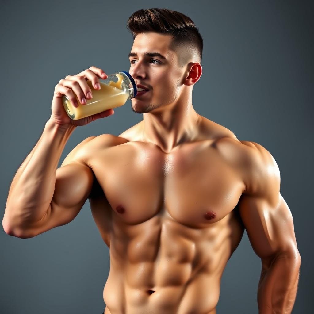 Pessoa com músculos definidos tomando whey protein isolado Pessoa com músculos definidos tomando whey protein isolado
